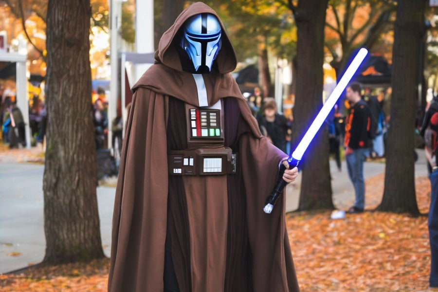 A cosplayer wearing Jedi robes celebrates Halloween