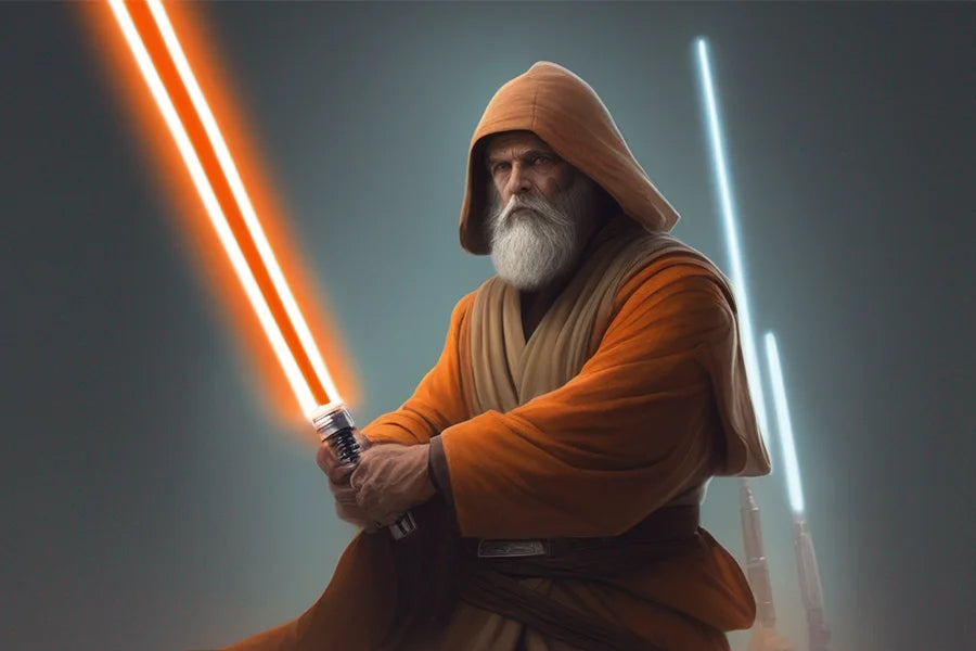 Jedi Master Baylan Skoll holding an orange lightsaber