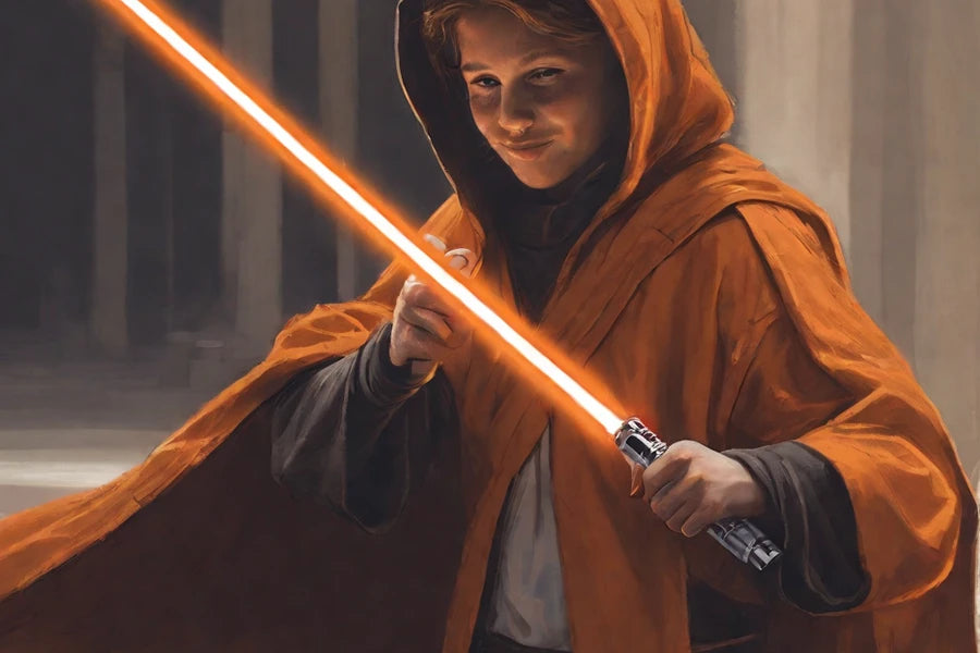Jedi knight holding orange lightsaber