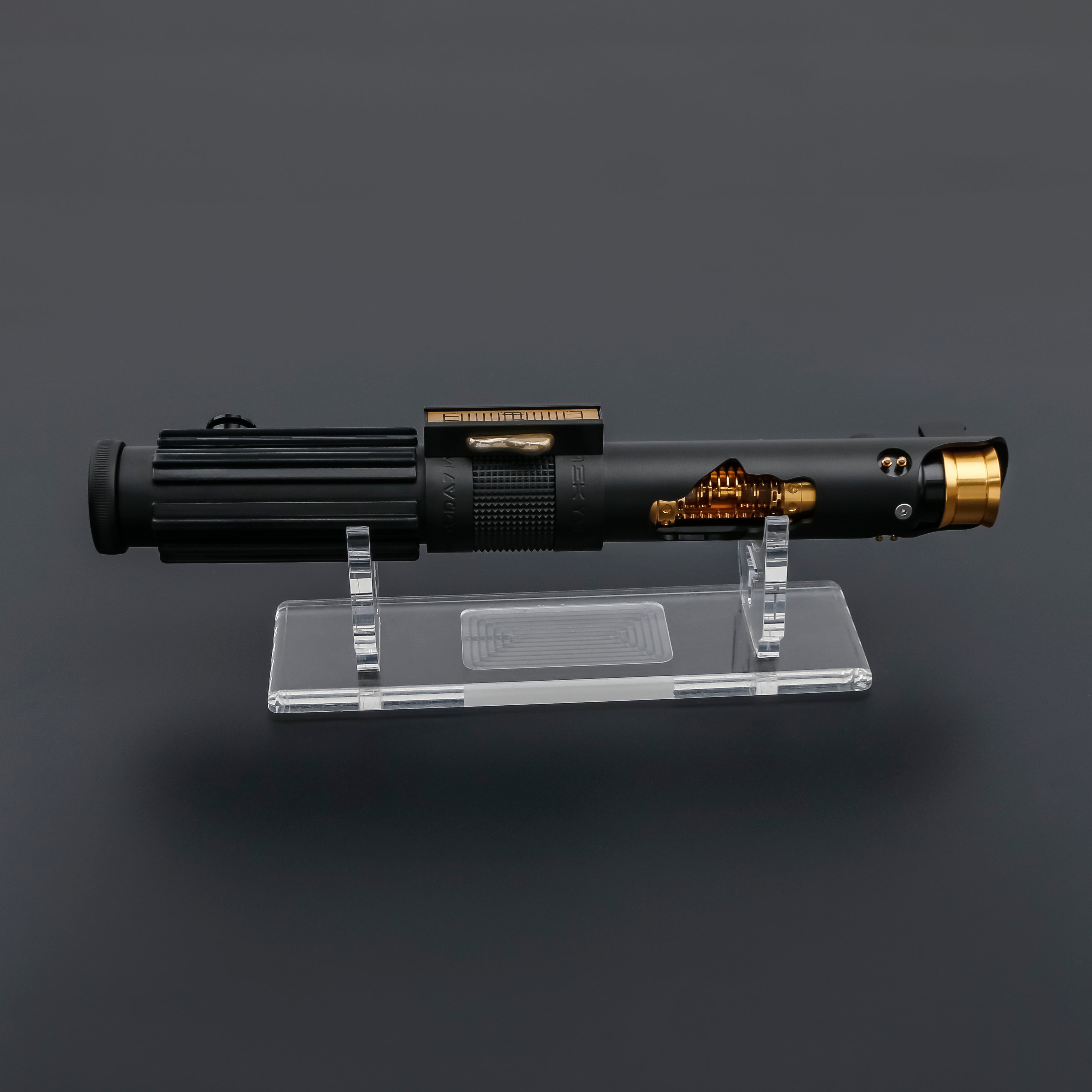 Anakin exposed spinning crystal lightsaber on the display stand 