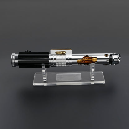 Anakin exposed spinning crystal lightsaber on the display stand 