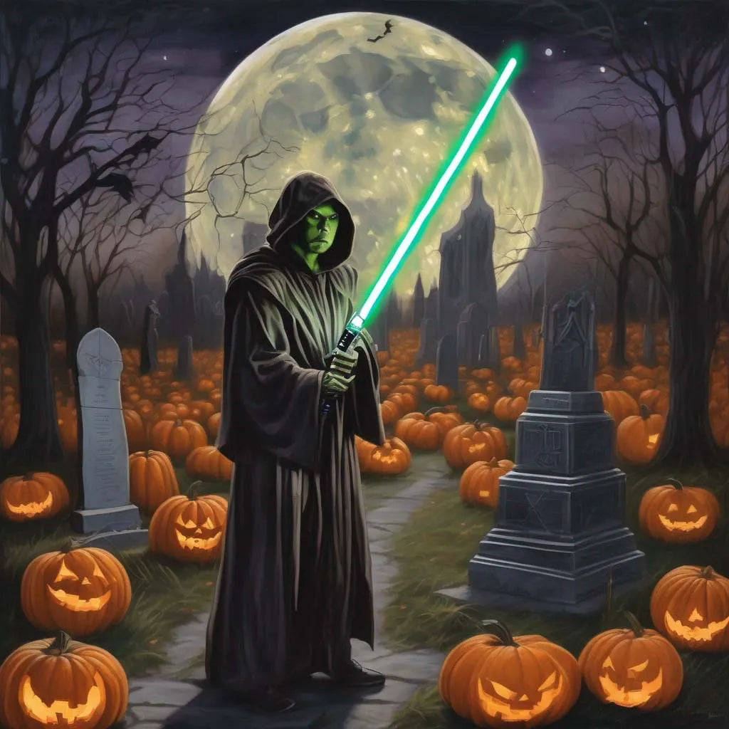 Jedi holding lightsaber on halloween